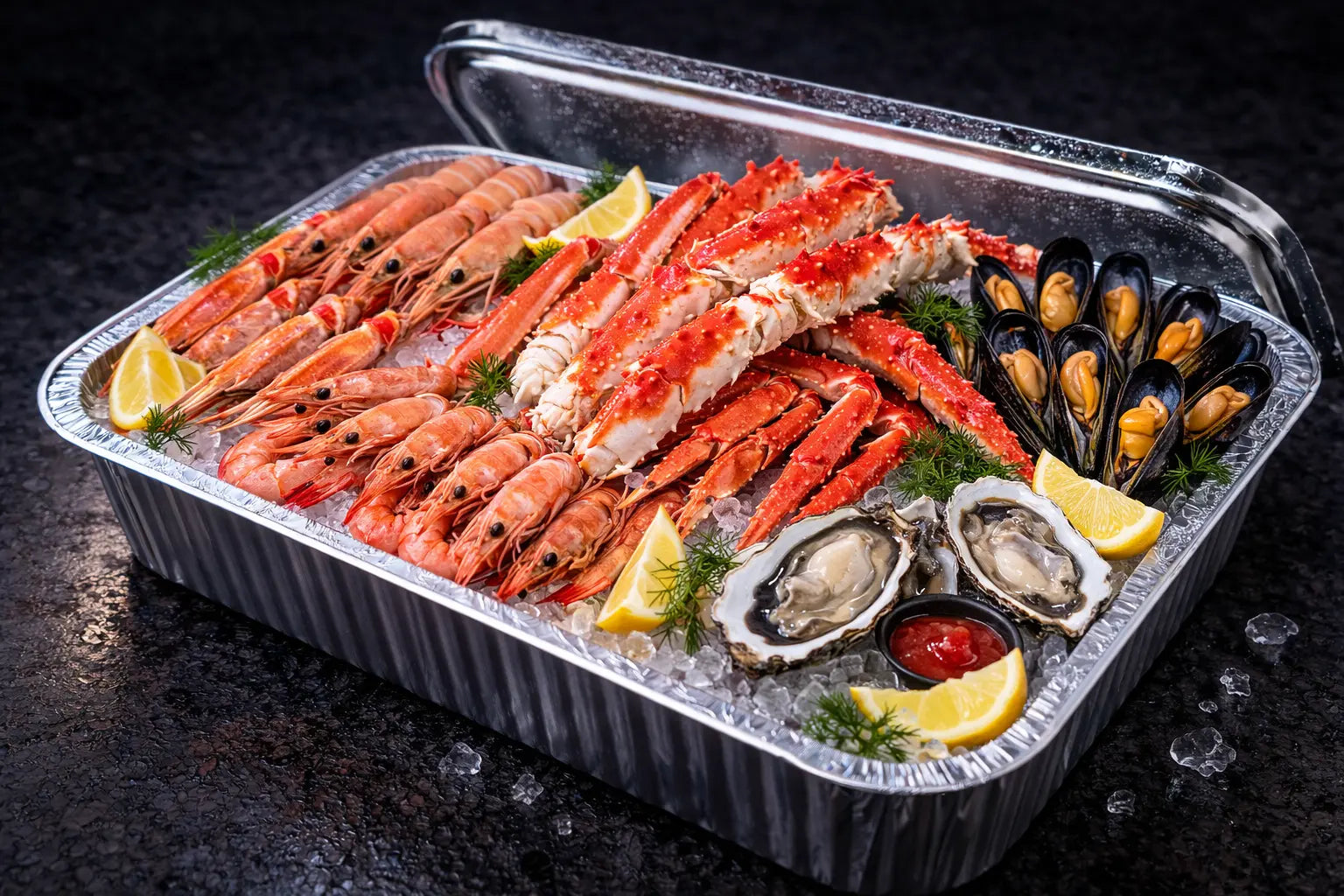 Skalldyrkasse fra Havøyet. Inneholder ferske reker, ferske sjøkreps, ferske blåskjell, ferkse østers og frossen snøkrabbe og kongekrabbe. Denne skalldyrkassen blir levert hjem på døren til alle i Bergen og omegn.