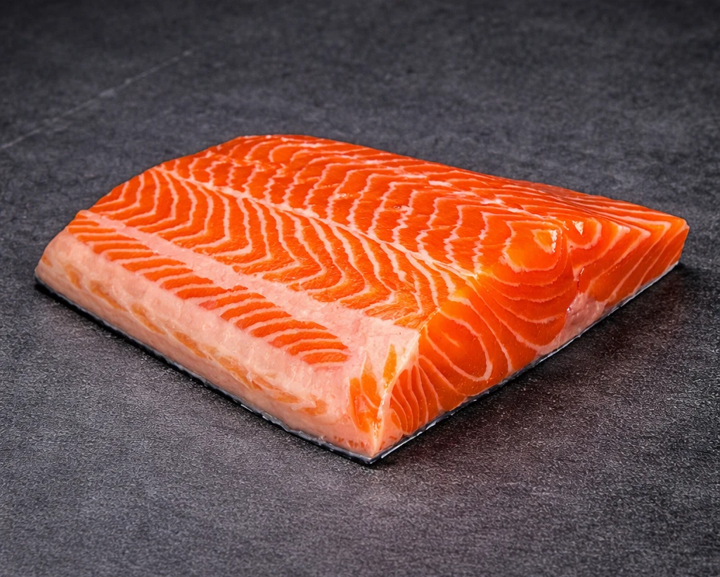 Fersk ørretfilet i porsjonsstykke med dyp oransje farge og hvite fettstriper, lagt på mørk skifer